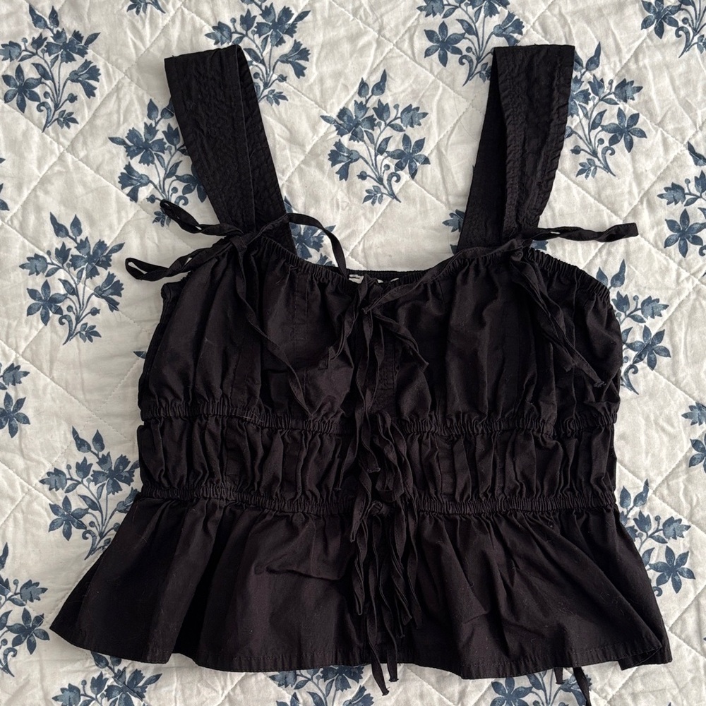 Moon River Cropped Black Ruffled Tie-String details-Tank Top